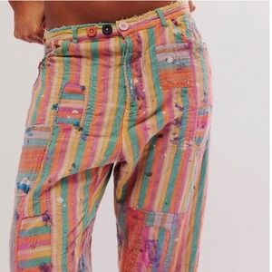 Magnolia Pearl x Free People Colorful Striped Miner Pants Boyfriend Cut NWT